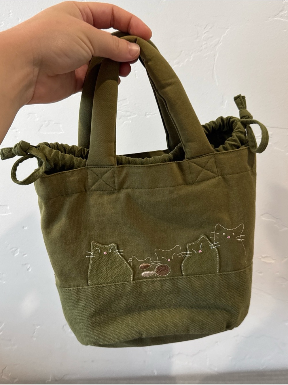 Adorable Kitty Cat Kitten Tote Bag Fabric Purse IDEAWIN 10” Army Green Cute Kids